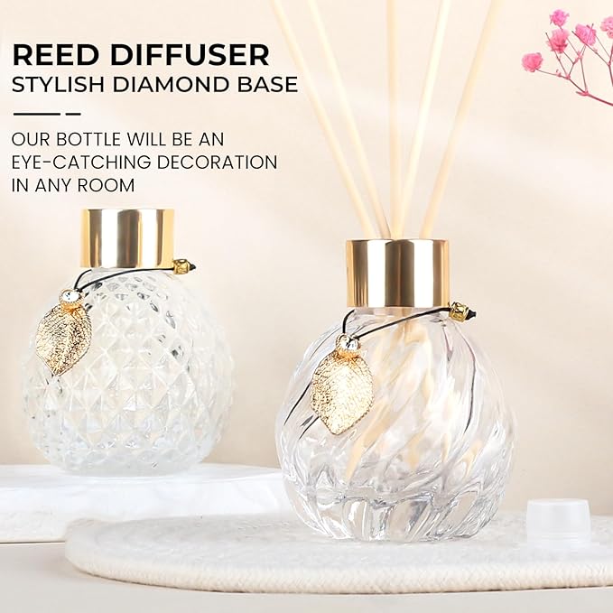 4Pcs Reed Diffuser Set with Metal Golden Decoration, Empty Reed Diffuser Bottles with 20Pcs Reed Diffuser Sticks, Unique Design Bottles for Home and Office(2 Spiky Ellipsoidal+2Twill)