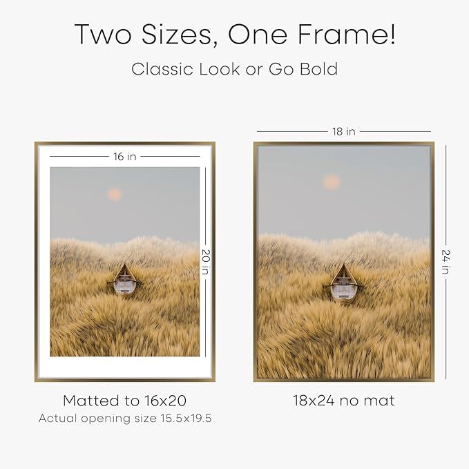 Homeforia Picture 18x24 Bronze Frame, High End Metal 18x24 Brass Poster Frames with Mat 16x20 for Photo, 18 x 24 Frame Matted to 16 x 20 Print, 24x18 Hanging Frames, Tempered Glass, Wall Kit, Set of 4