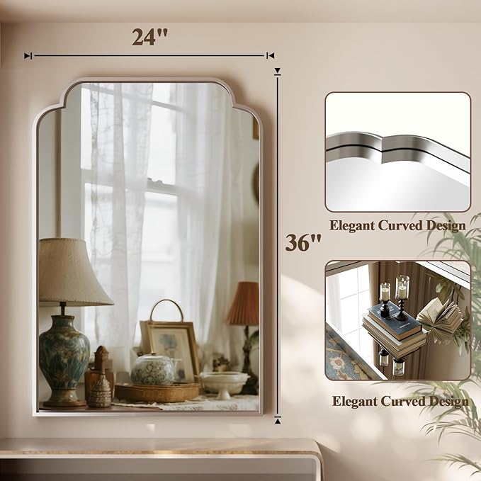 GLSLAND 24"x36" Silver Petal Arch Bathroom Mirror Wall Mounted Vanity Scalloped Mirror for Over Sink Modern Decorative Arched Wall Mirror - for Bedroom Living Room Entryway