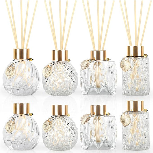 8Pcs Reed Diffuser Set with Metal Golden Decoration, 3.5oz-4.2oz Empty Bottles with 20Pcs Reed Sticks, Unique Design Bottles for Home and Office