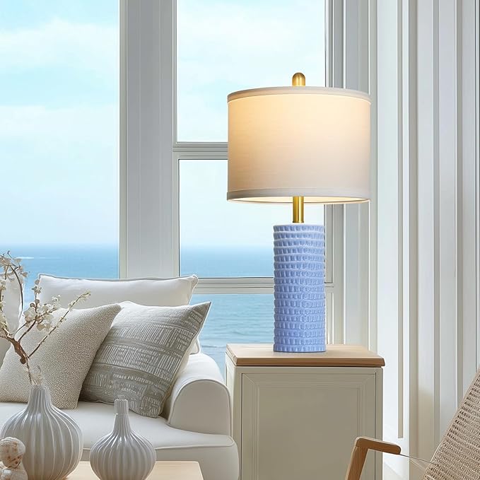 24.5" Table Lamp Set of 2, Modern Ceramic Bedside Lamps for Night Stands, Classic Small Lamp Nightstand Lamp for Bedroom Living Room Desk End Table Rotary Switch Blue