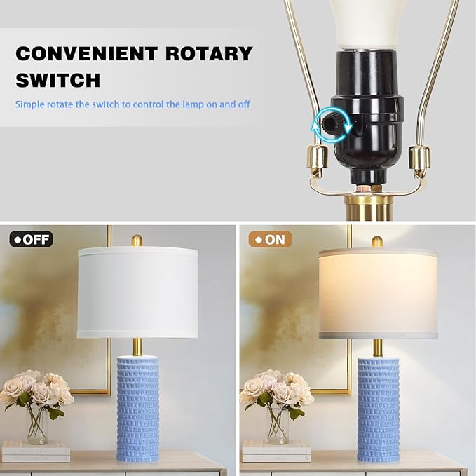 24.5" Table Lamp Set of 2, Modern Ceramic Bedside Lamps for Night Stands, Classic Small Lamp Nightstand Lamp for Bedroom Living Room Desk End Table Rotary Switch Blue