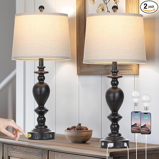 28" Black Farmhouse Table Lamps Set of 2 with USB C+A Ports & AC Outlet for Vintage Living Room Rustic Bedroom,3-Way Dimmable Touch Lamp Retro Resin Bedside Lamps for Nightstand Side Table
