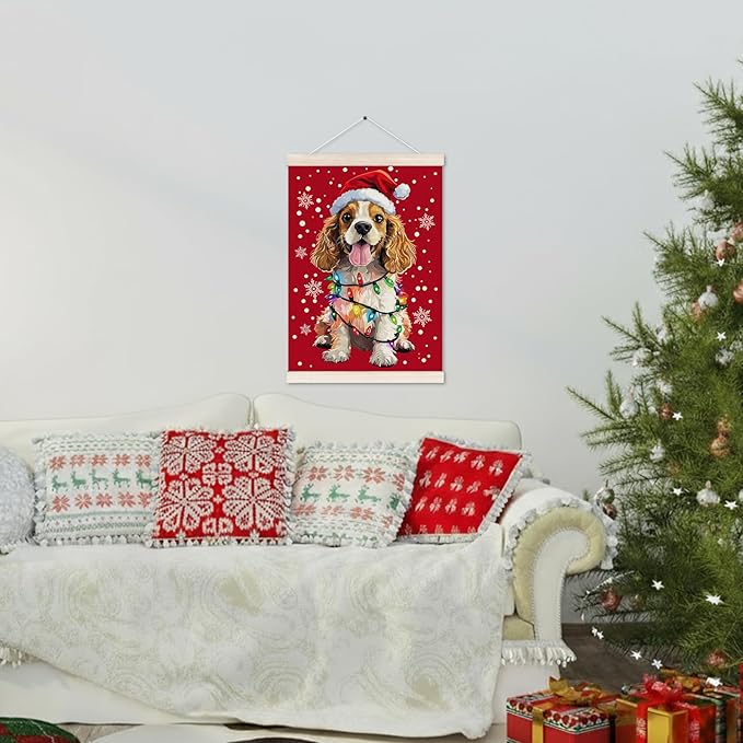 Funny Christmas Cocker Spaniel Poster Hanger with Wood Frame, Christmas Dog Wall Art Decor for Home, Cocker Spaniel Gifts for Women, Xmas Dog Posters for Bedroom Living Room Decor, 12x16 Inch
