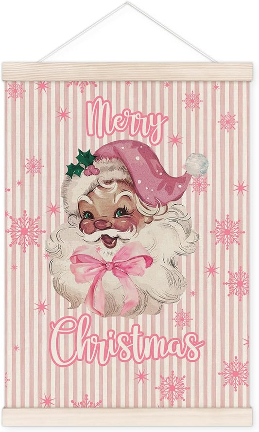 Pink Merry Christmas Santa Poster Hanger with Wood Frame, Christmas Wall Art Decor for Home Living Room, Preppy Pink Striped Xmas Santa Posters for Girly Bedroom Room Dorm Decor, 12x16 Inch