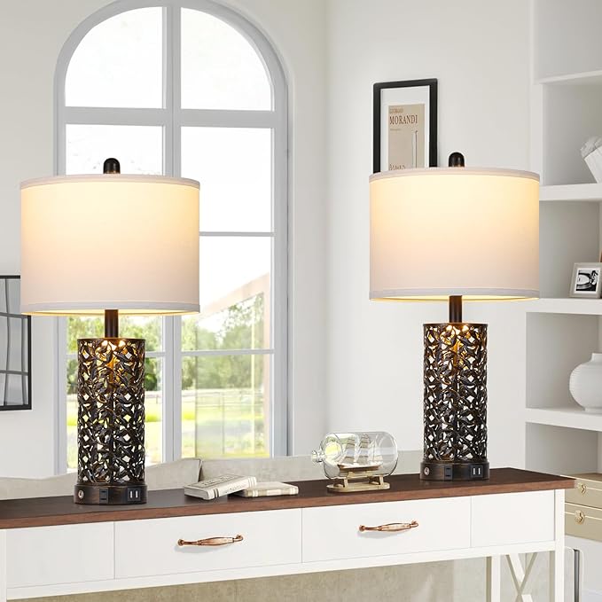 Vintage Lamp for Living Room Set of 2,Rustic Retro Bedside Nightstand Lamps with 2 USB Ports & AC Outlet,Touch Control Industrial Desk Lamp for Bedroom Entryway,Black with Bronze Bruch