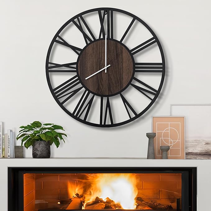 LEIKE Large Wall Clocks,Silent,Non Ticking,Battery Operated Small Vintage Round Modern Wood Wall Clock for Living Room, Bedroom,Kitchen,Farmhouse,Office Decor-13.5 Inch(Black-Roman Numerals)