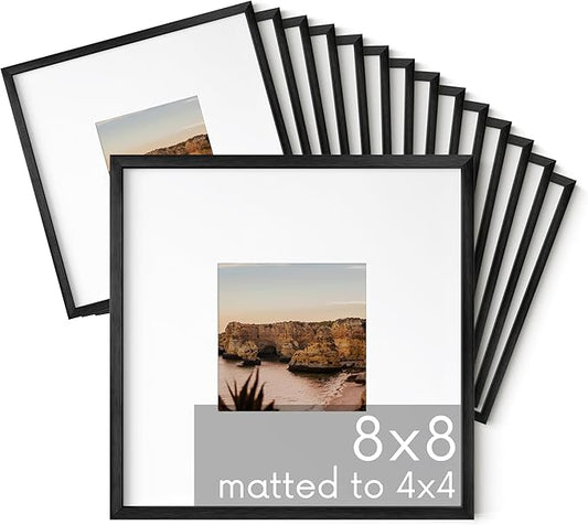 HAUS AND HUES 8x8 Black Metal Picture Frames Matted to 4x4 - Features Premium Aluminum & Hanging Hardware, Shatterproof Plexiglass - Ideal for Home, Room, Office (8x8 in, Black, Set of 15)