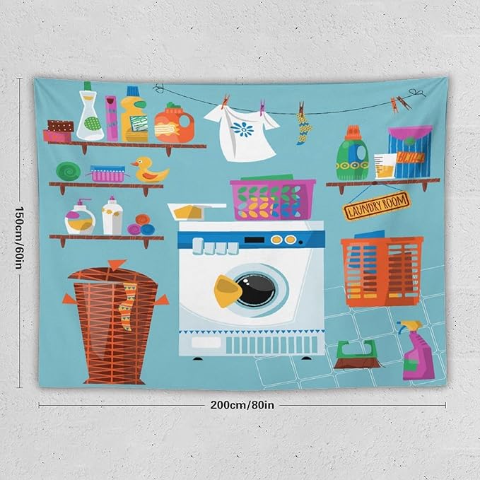 ZhiRain Laundry Room Tapestry Wall Hanging Wash Dry Fold Repeat Theme Print Tapestries Home Decor for Living Room Bedroom Farmhouse Apartment Dorm 60"x80"