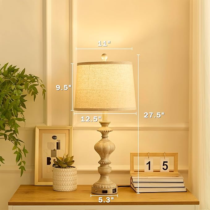 27.5" Farmhouse Table Lamps Set of 2 Bedside Nightstand Lamp with USB C+A Ports & AC Outlet, 3 Way Dimmable Touch Lamps for Bedroom Living Room Office Rustic Lamp (Gray)