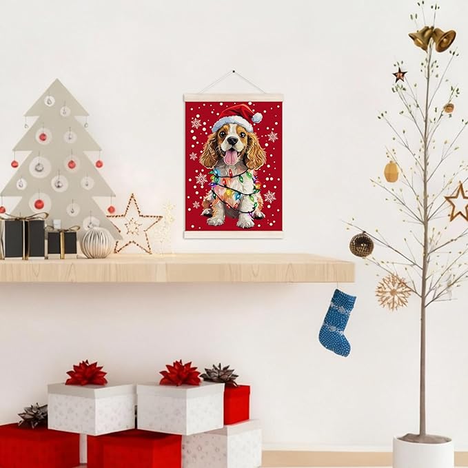 Funny Christmas Cocker Spaniel Poster Hanger with Wood Frame, Christmas Dog Wall Art Decor for Home, Cocker Spaniel Gifts for Women, Xmas Dog Posters for Bedroom Living Room Decor, 12x16 Inch