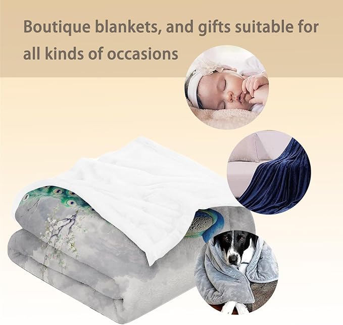 Peacock Blanket - Soft, Cozy, Lightweight Flannel Throw Blankets for Couch, Bed, Travel, Fluffy Decor Perfect for Outdoor Use and Home Decor, Flowers Design for Adults Women Girls 60×50 in