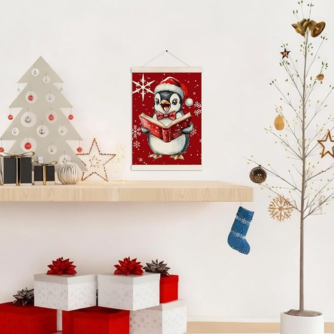 Christmas Penguin Reading Book Poster Hanger with Wood Frame, Winter Christmas Wall Art Decor for Home, Cute Xmas Penguin Bookish Posters for Reading Room Library Classroom Decor, 12x16 Inch