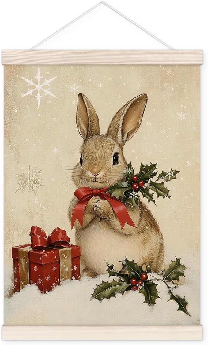 Vintage Christmas Bunny Poster Hanger with Wood Frame, Winter Christmas Bunny Wall Art Decor for Home, Rustic Retro Cute Xmas Rabbit Posters for Bedroom Living Room Decor, 12x16 Inch