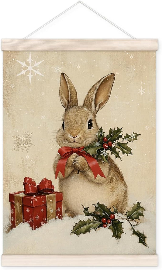 Vintage Christmas Bunny Poster Hanger with Wood Frame, Winter Christmas Bunny Wall Art Decor for Home, Rustic Retro Cute Xmas Rabbit Posters for Bedroom Living Room Decor, 12x16 Inch