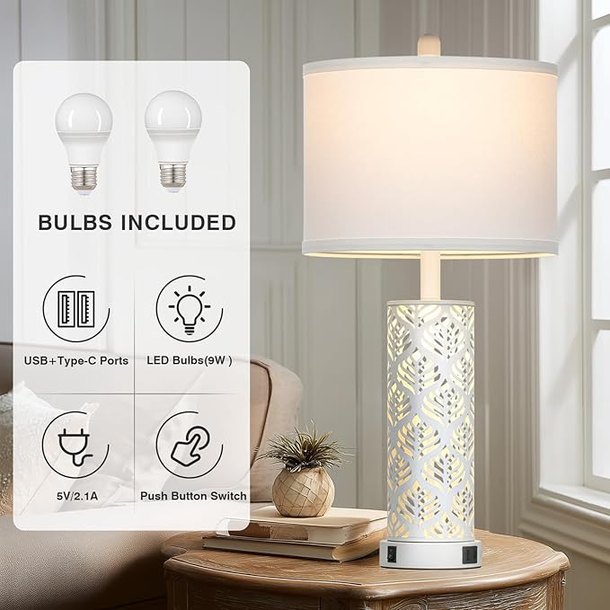 Set of 2 Rustic Table Lamps for Living Room Bedroom, Vintage Farmhouse Nightstand Lamp with 2 USB Ports, Hollow Out Metel Lamp for End Table with Nightlight (White)
