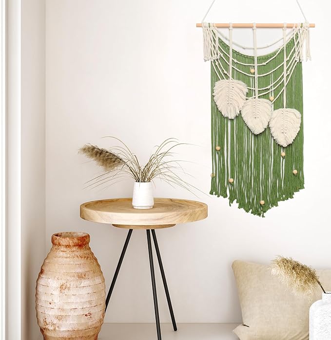 JONKASIPA Macrame Wall Hanging Bohemian Handmade Leaf Feather Wall Art Decorations, Green fringe Chic Home Decor for Apartment Dorm Living Room Bedroom