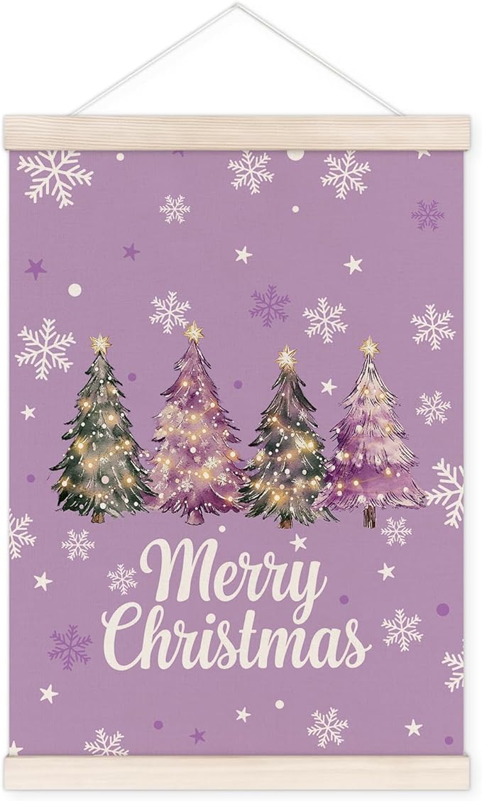 Purple Merry Christmas Tree Poster Hanger with Wood Frame, Winter Christmas Tree Wall Art Decor for Home, Preppy Xmas Winter Holiday Posters for Bedroom Living Room Xmas Party Decor, 12x16 Inch