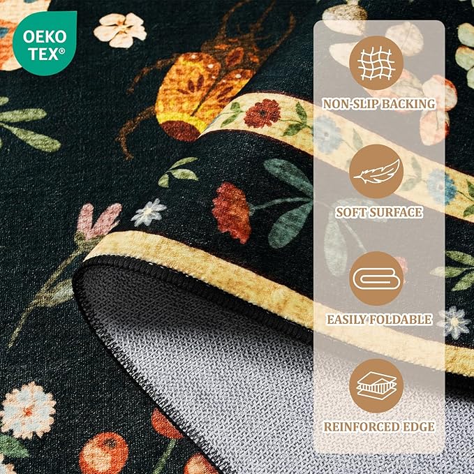 5x7 Area Rug for Living Room, Washable Rugs for Bedroom, Soft Thin Non Slip Indoor Low Pile Carpet for Dining Room, Large Throw Floral Butterfly Carpets for Office Nursery Home Decor, Black