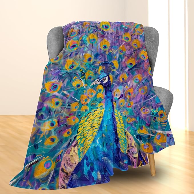 Peacock Blanket - Soft, Cozy, Lightweight Flannel Throw Blankets for Couch, Bed, Oil Painting Design, Fluffy Decor Perfect for Outdoor Use and Home Decor, for Adults Women Girls 80×60 in