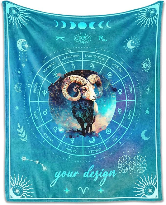 Custom Aries Blanket Gifts, 80" x 60" Rectangular Flannel Zodiac Throw Blanket Cozy, Personalized Gift for Boys Girls Teen Women Men Tarot Cards Lovers Birthday Anniversary Festival