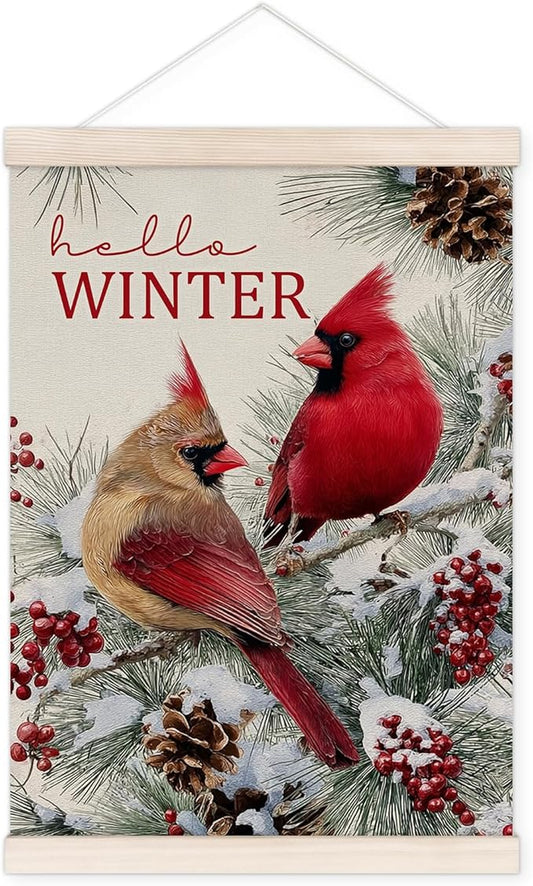Winter Cardinal Poster Hanger with Wood Frame, Cottagecore Hello Winter Wall Art Decor for Home, Rustic Christmas Red Cardinal Posters for Bedroom Living Room Decor, 12x16 Inch
