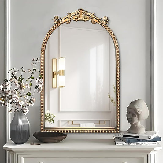 Arendahl Traditional Vintage Arch Mirror, 20" X 30" Baroque Ornate Accent Wall Mirrors Decorative Beaded Frame for Bathroom Sink, Entryway, Bedroom Vanity, Over Mantel Fireplace Wall Decor