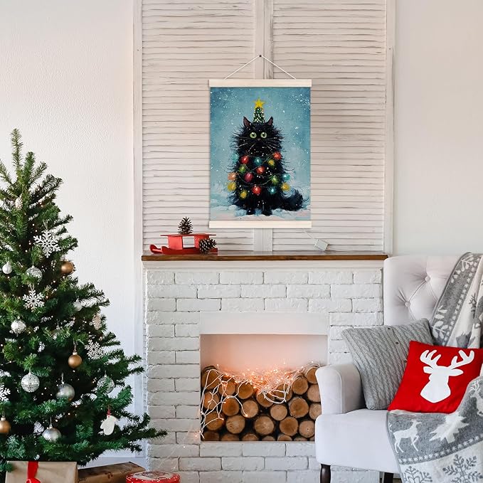 Black Cat Christmas Poster Hanger with Wood Frame, Funny Christmas Winter Wall Art Decor for Home, Cute Black Cat Xmas Tree Holiday Posters for Bedroom Living Room Decor, 12x16 Inch