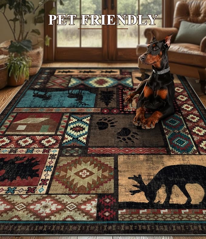 Rustic Cabin Runner Rug 2x8 Indoor Door Mat - Bear Non-Slip Entryway Runner Rug, Low Pile Tribal Print for Kitchen, Bedroom