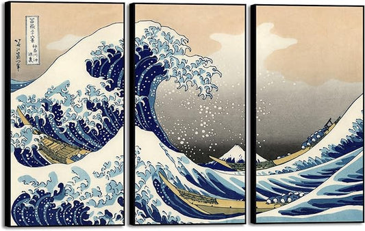 Wieco Art Large Black Aluminum Framed Art 3 Panel Great Wave of Kanagawa Katsushika Hokusai Canvas Prints Wall Art Abstract Seascape Paintings for Living Room Home Decorations