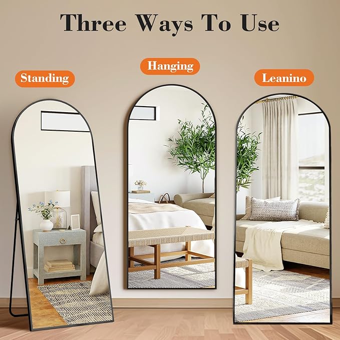 DUMOS Arched Full Length Mirror with Stand 64"x21" Floor Standing Aluminum Frame for Bedroom Body Hanging Leaning Modern Simple Home Decor Shatter-proorf Nano Glass Wall Living Room Cloakroom Black