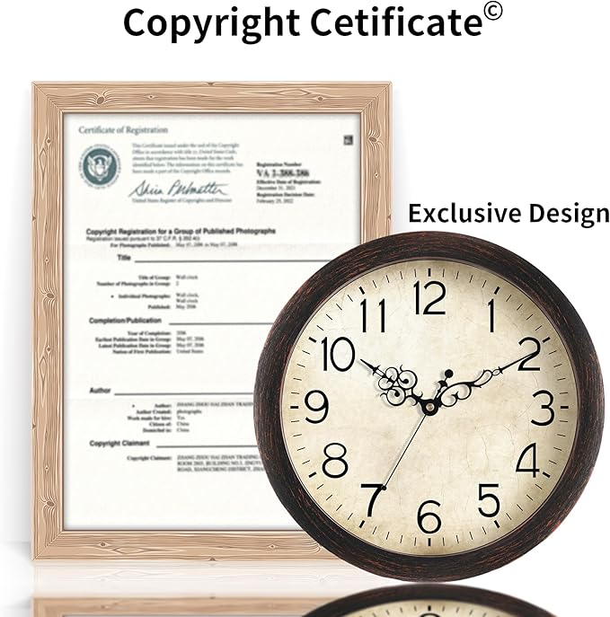 Wall Clock 12 Inch Vintage Wall Clocks Battery Operated Quartz Silent Non-Ticking Retro Rustic Style Clock Decorative for Living Room, Home Office, Kitchen,Bedroom (Bronze)