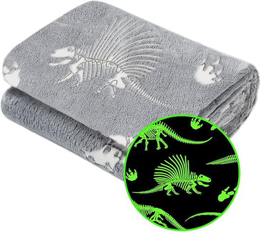 Glow in The Dark Blanket Dinosaur Blanket for Boys Kids Soft Cute Dino Throw Blanket Christmas Toys Gifts Gray Glowing Dinosaur Blankets for Bed 90x90 inch