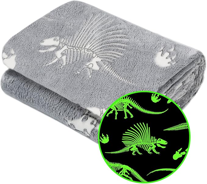 Glow in The Dark Blanket Dinosaur Blanket for Boys Kids Soft Cute Dino Blankets Christmas Toys Gifts Gray Glowing Dinosaur Blankets for Bed 90x108 inch