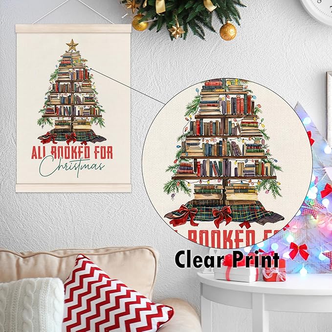 Vintage Christmas Reading Poster Hanger with Wood Frame, All Booked for Christmas Wall Art Decor for Home, Xmas Book Tree Posters for Reading Room Home Library Decor, 12x16 Inch