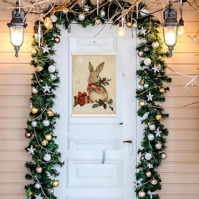 Vintage Christmas Bunny Poster Hanger with Wood Frame, Winter Christmas Bunny Wall Art Decor for Home, Rustic Retro Cute Xmas Rabbit Posters for Bedroom Living Room Decor, 12x16 Inch