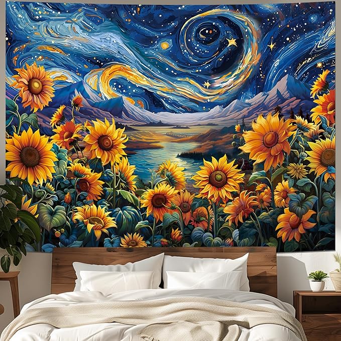Yuiqear Sunflower Starry Sky Tapestry Galaxy Space Tapestries Mysterious Mountain River Wall Decor Fantasy Landscape Tapestry for Bedroom