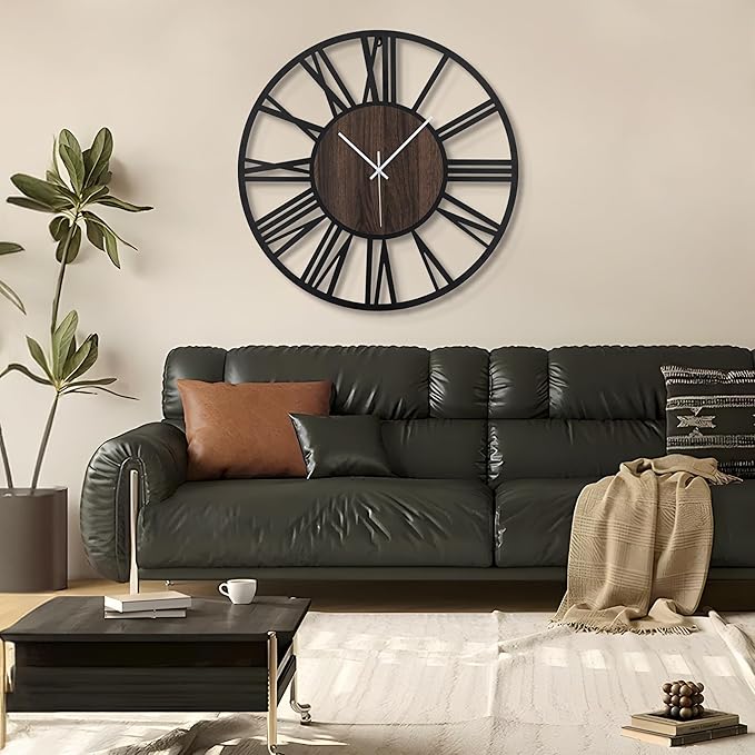 LEIKE Large Wall Clocks for Living Room,Silent,Non Ticking,Battery Operated Oversized Vintage Round Modern Wood Wall Clock for Bedroom,Farmhouse,Office Home Decor-24 Inch(Black-Roman Numerals)