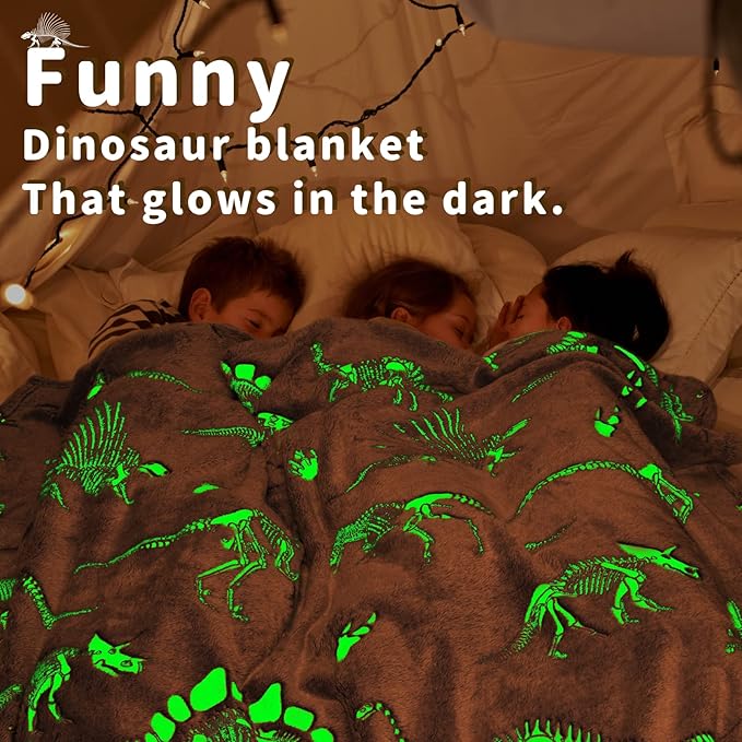 Glow in The Dark Blanket Dinosaur Blanket for Boys Kids Soft Cute Dino Blankets Christmas Toys Gifts Gray Glowing Dinosaur Blankets for Bed 90x108 inch