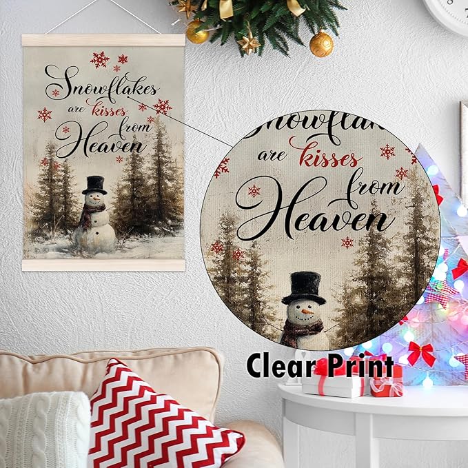 Winter Christmas Snowman Poster Hanger with Wood Frame, Vintage Christmas Wall Art Decor for Home, Rustic Retro Xmas Winter Pine Tree Santa Posters for Bedroom Living Room Decor, 12x16 Inch