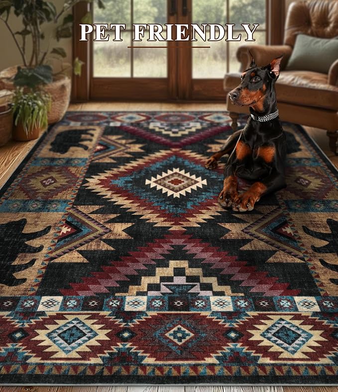 Hallway Runner Rug 2x8 Indoor Door Mat - Western Rug Bear Rustic Cabin Non-Slip Entryway Rug, Low Pile Tribal Print for Kitchen, Bedroom