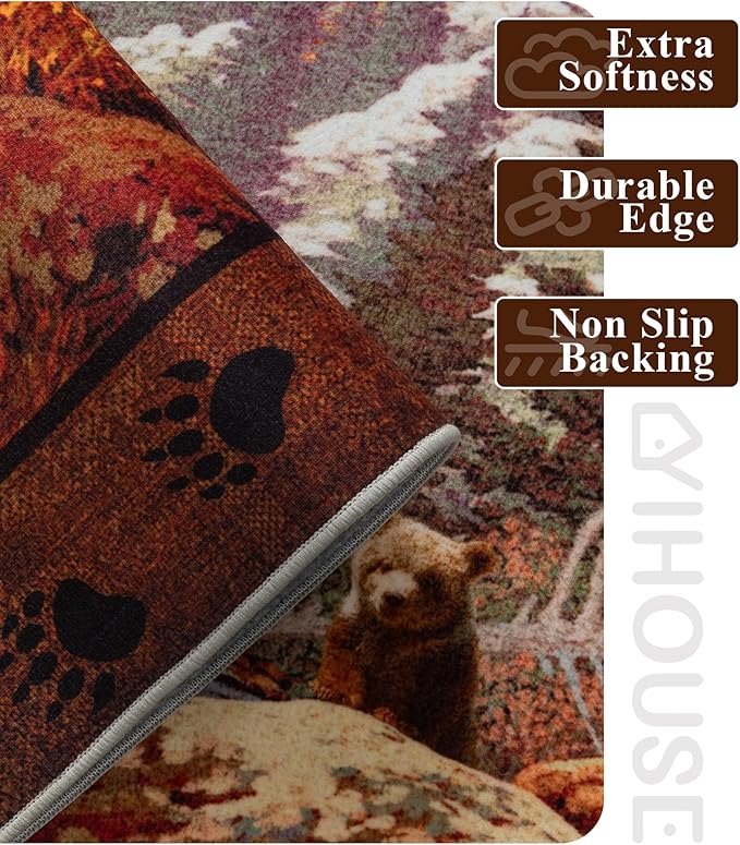 YIHOUSE Rustic Cabin Area Rug for Bedroom 5x7,Machine Washable Woodland Bear Rug,Non-Slip Low Pile Print Pattern Mountain Rug for Living Room