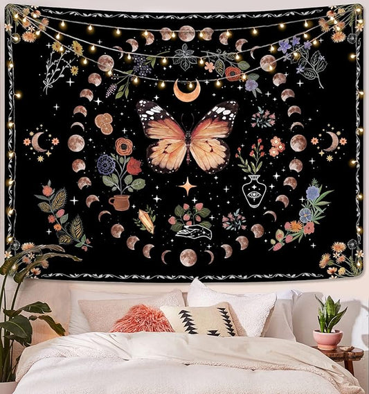 Fowocu Orange Butterfly Moon Flower Tapestry Boho Floral Plant Tapestries for Bedroom Aesthetic Tapastry's Wall Hanging Mandala Botanical Wall Tapestry for Living Room Dorm (Yellow, 48'' × 36'')