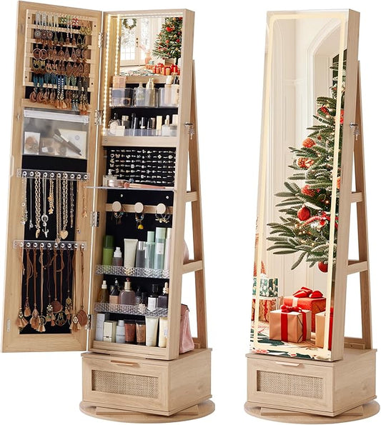 Rattan 360° Swivel Jewelry Armoire Cabinet Standing with Full Length Mirror, Lockable Jewelry Organizers and Drawer Storage with 3 Color LED Lights & Interior Mirror Rear Storage Shelves