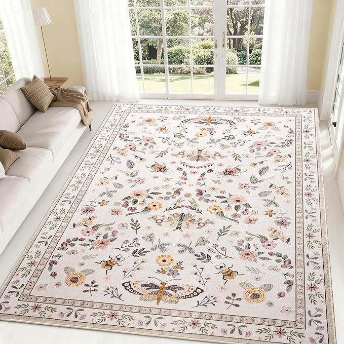 Rug for Living Room 6x9, Washable Area Rugs for Bedroom, Soft Thin Non Slip Indoor Low Pile Carpet for Dining Room, Large Throw Floral Butterfly Carpets for Office Nursery Home Decor, Beige