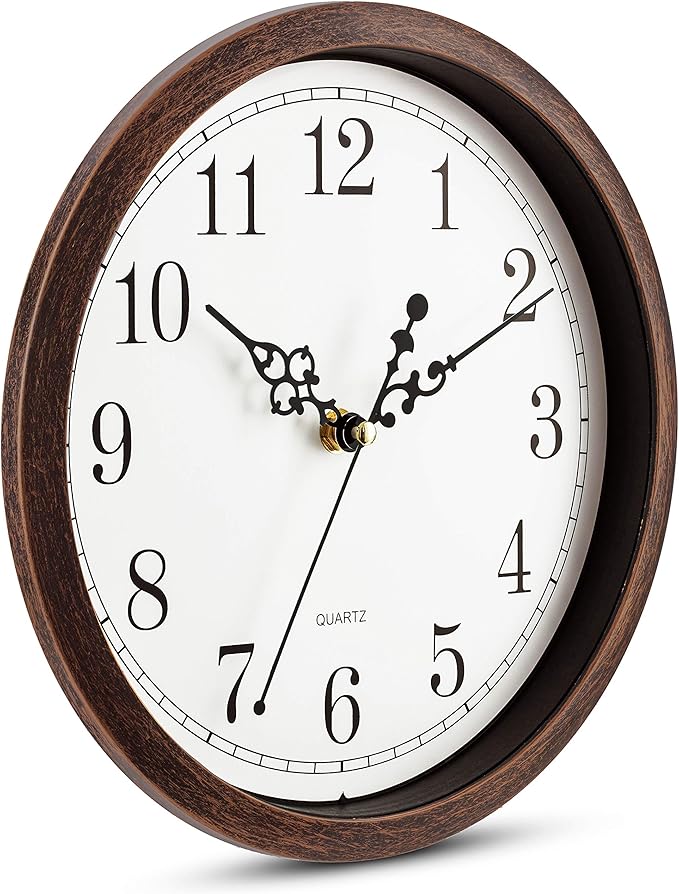 Bernhard Products Wall Clock 10 Inch Silent Non Ticking Movement Quality Quartz Battery Operated Round Easy to Read Decorative Brown Home/Kitchen/Office/Bedroom/Classroom/School Clocks, Black Numbers