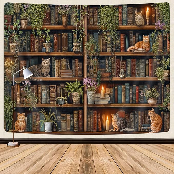 GOAOK Magic Library Tapestry, Green Nature Plant Bookshelf Tapestries for Classroom, Vintage Retro Witchy Library Book Gothic Academics Cat Tapestry for Bedroom Living Room Dorm Office 80X60 Inch