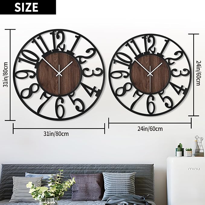 LEIKE Extra Large Wall Clocks,Silent Little Ticking,Battery Operated Vintage Round Modern Wood Wall Clock for Living Room, Bedroom,Farmhouse,Office Home Decor-32 Inch(Black-Arabic Number)