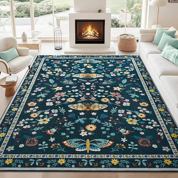 6x9 Rug for Living Room, Washable Area Rugs for Bedroom, Soft Non Slip Indoor Low Pile Carpet for Dining Room, Large Throw Floral Butterfly Carpets for Office Nursery Home Decor, Dark Green
