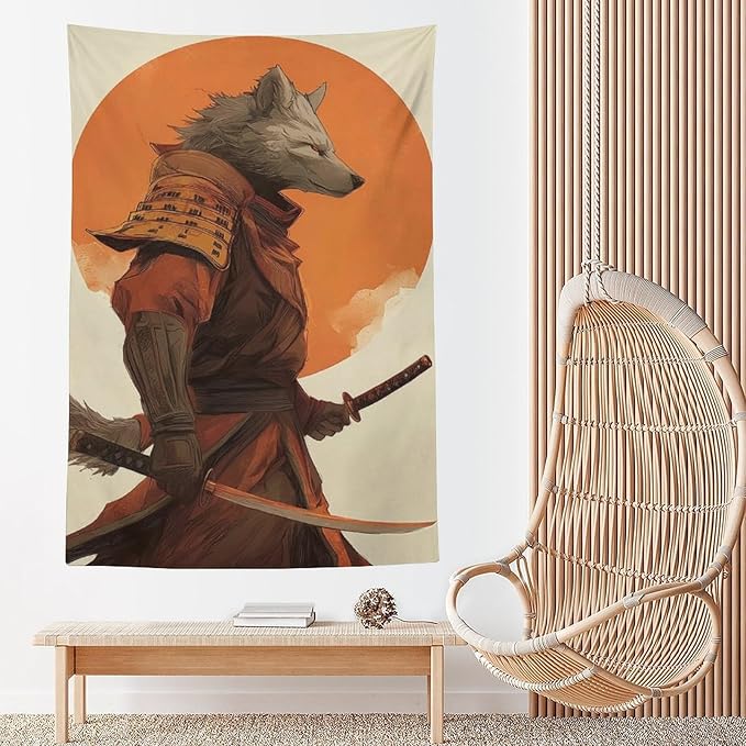 JYOUQOC Wolf Samurai Tapestry Large Wall Art Decor Wall Hanging Flag Backdrop for Living Room Dorm Office Bedroom 60"×90"